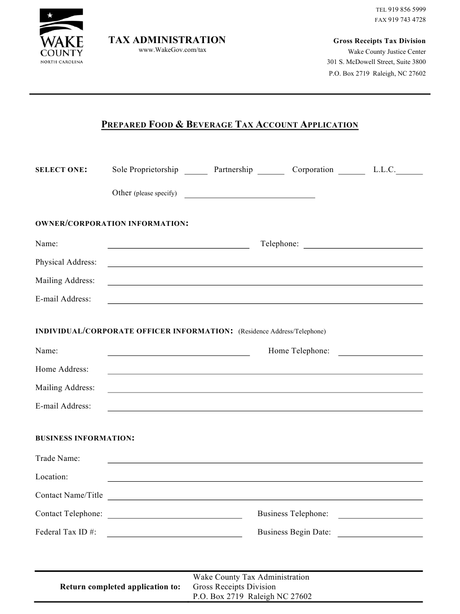 Wake County, North Carolina Prepared Food & Beverage Tax Account
