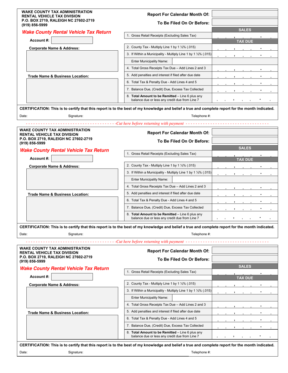Wake County, North Carolina Rental Vehicle Payment Coupon Fill Out
