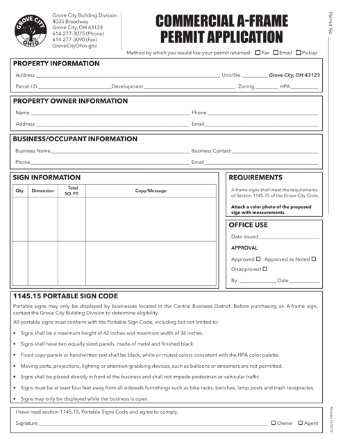 Commercial a-Frame Permit Application - Grove City, Ohio Download Pdf