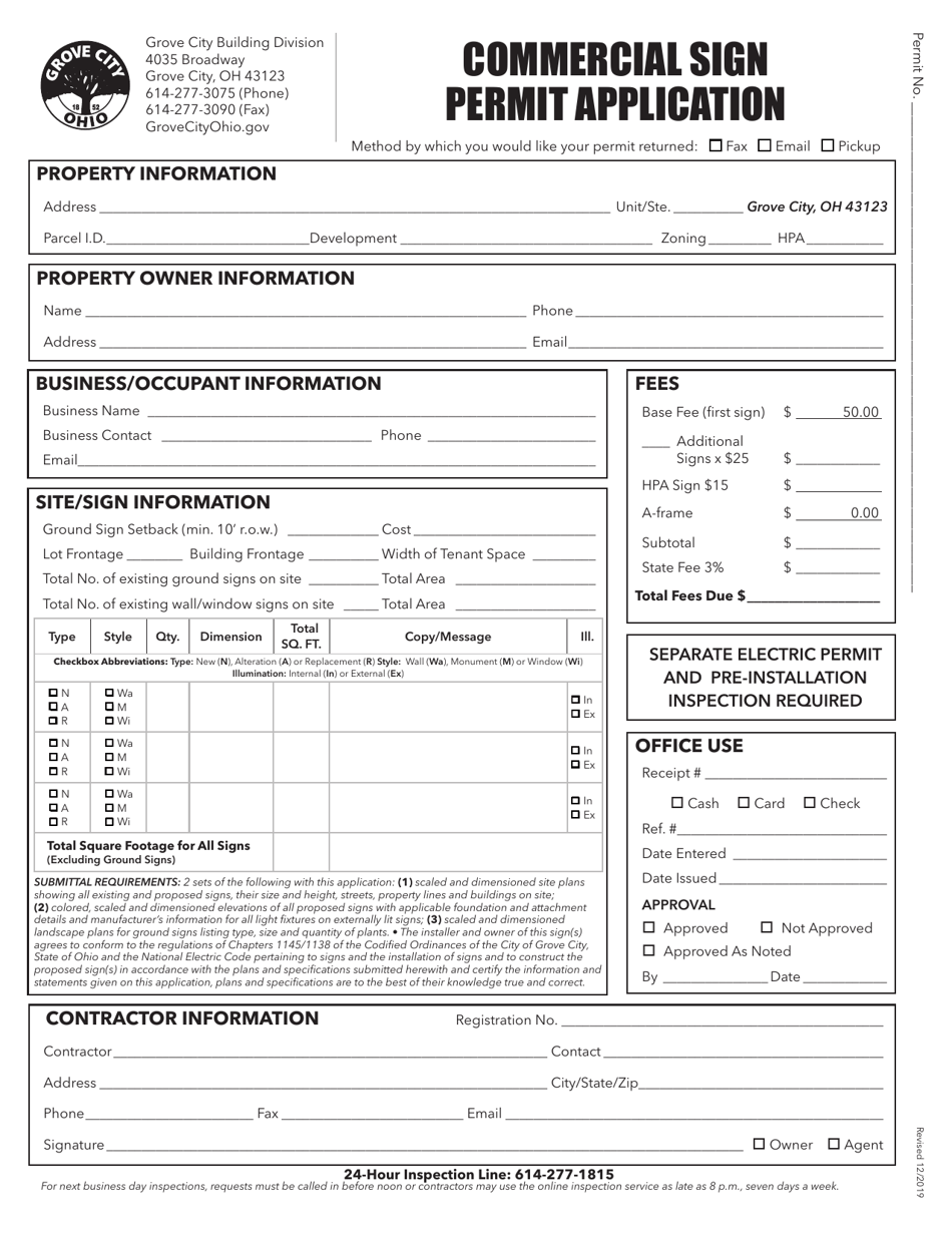 Commercial Sign Permit Application - Grove City, Ohio, Page 1