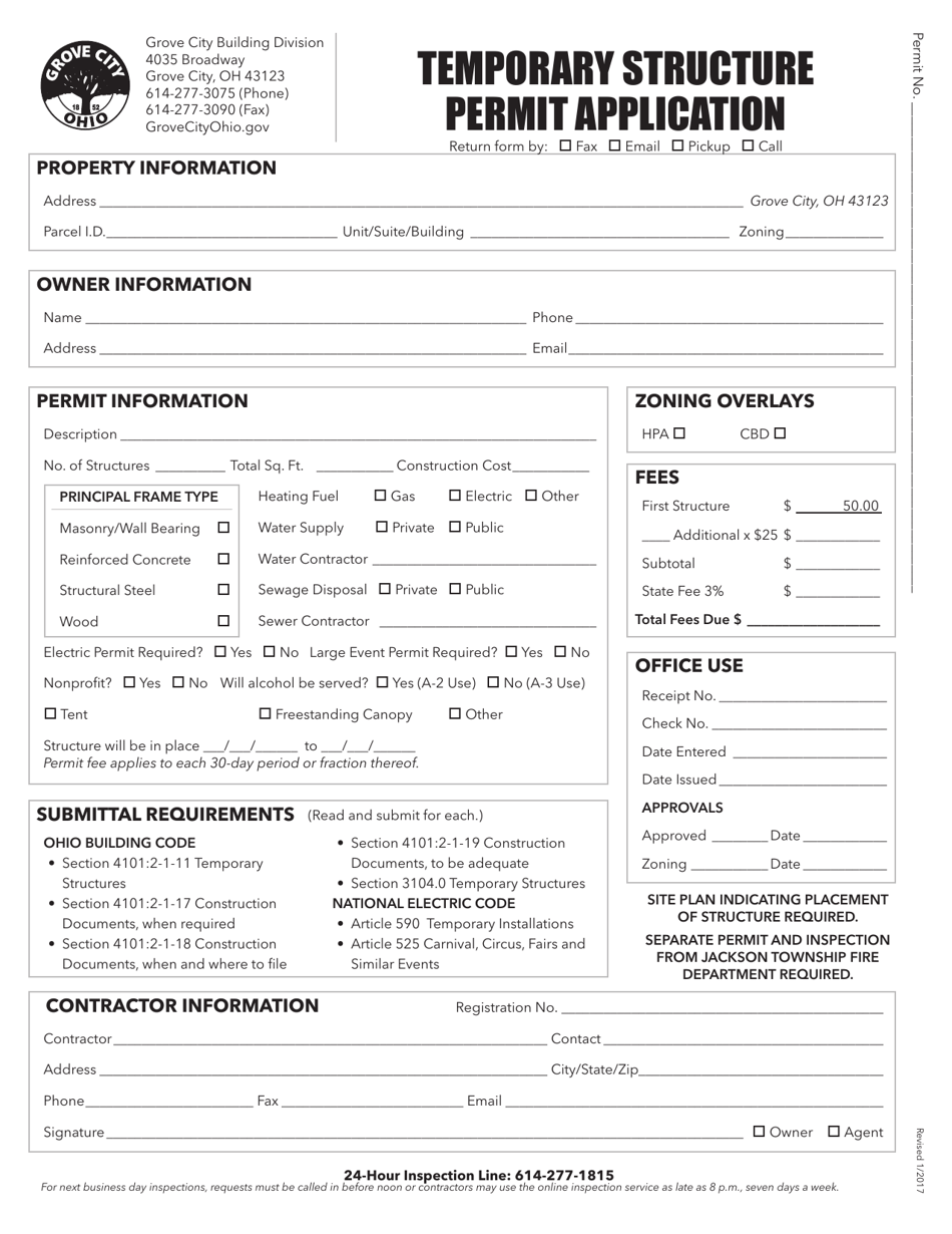 Temporary Structure Permit Application - Grove City, Ohio, Page 1
