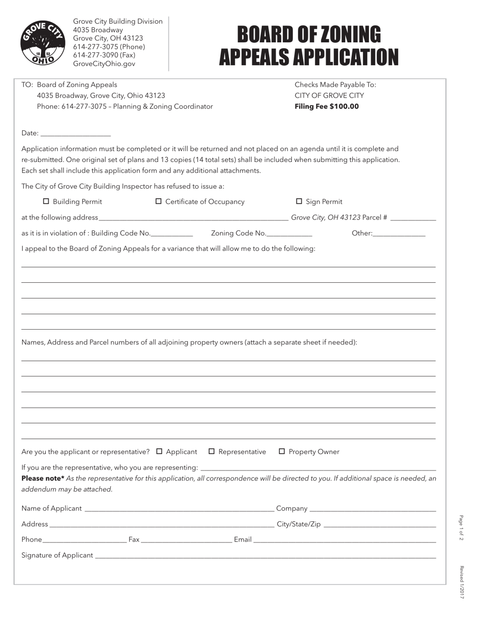 Board of Zoning Appeals Application - Grove City, Ohio, Page 1