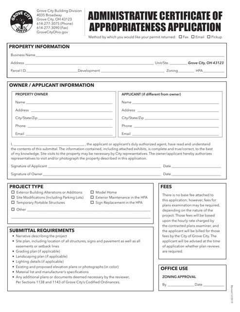Administrative Certificate of Appropriateness Application - Grove City, Ohio Download Pdf