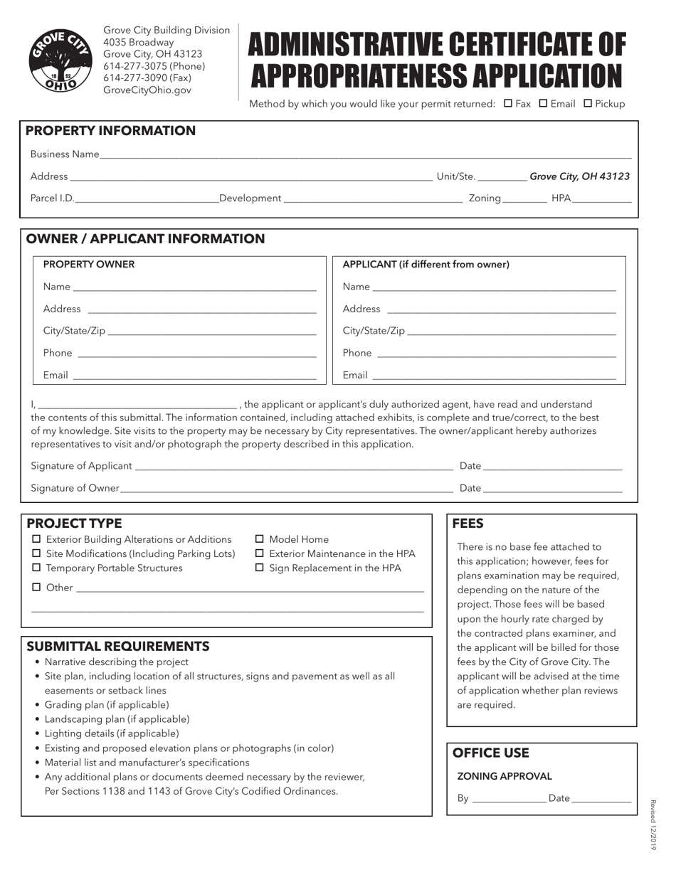 Administrative Certificate of Appropriateness Application - Grove City, Ohio, Page 1