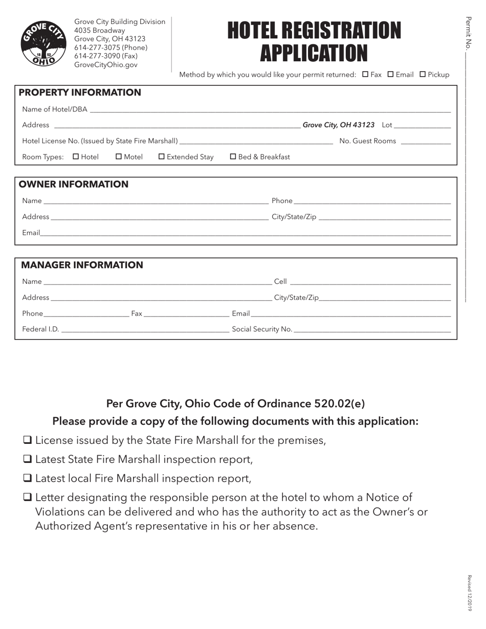 Hotel Registration Application - Grove City, Ohio, Page 1
