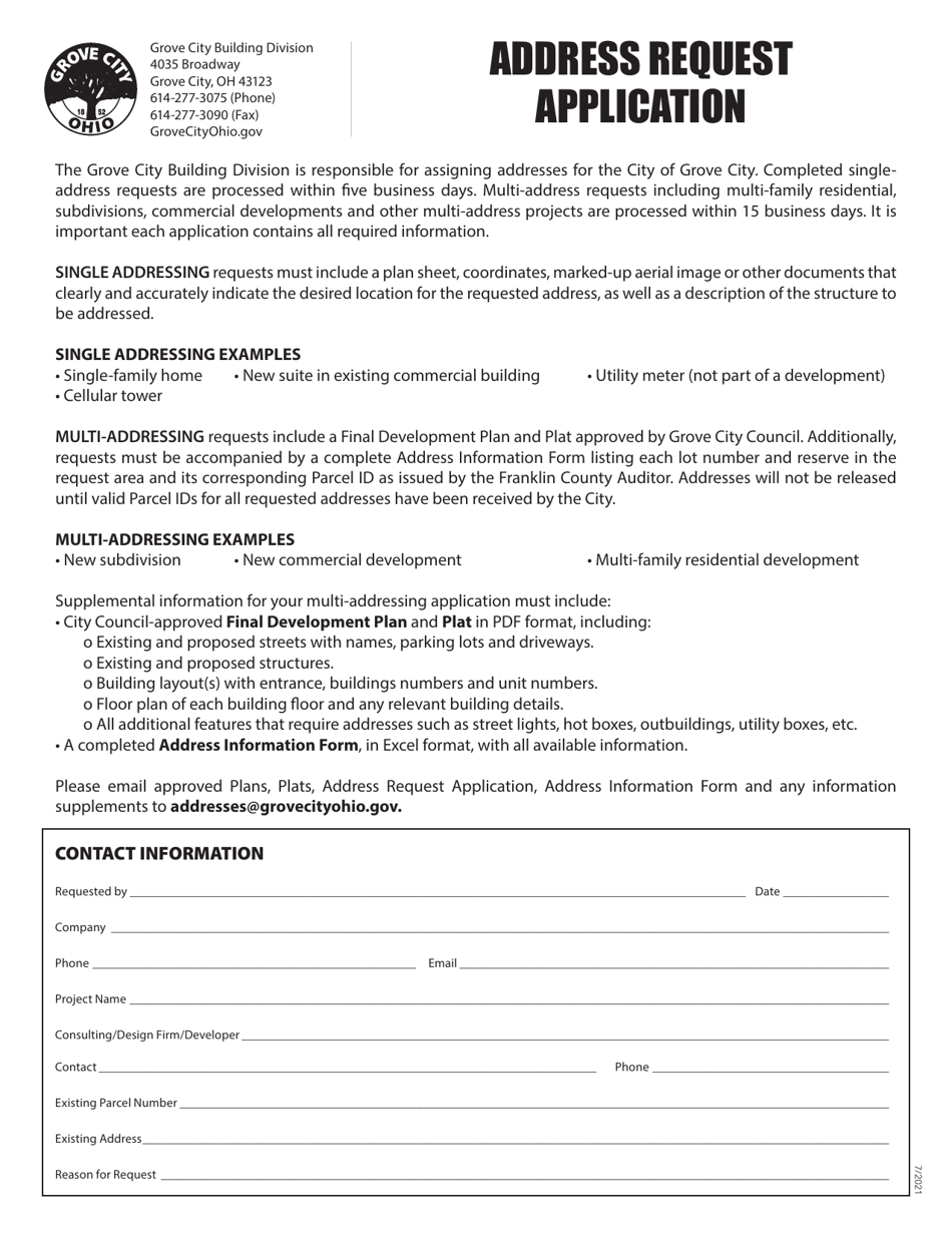Grove City, Ohio Address Request Application Fill Out, Sign Online and Download PDF