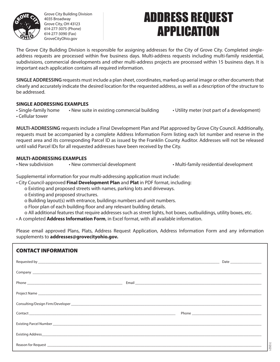 Address Request Application - Grove City, Ohio, Page 1