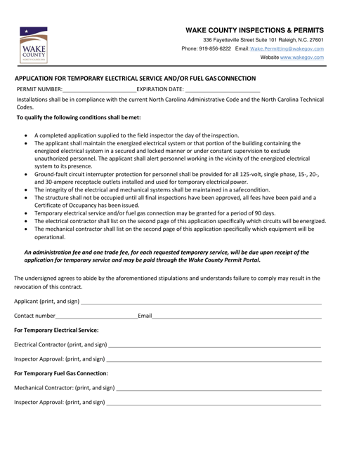Application for Temporary Electrical Service and/or Fuel Gas Connection - Wake County, North Carolina Download Pdf
