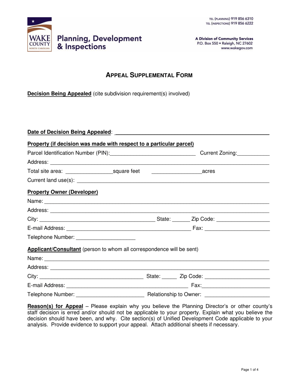 Appeal Supplemental Form - Wake County, North Carolina, Page 1