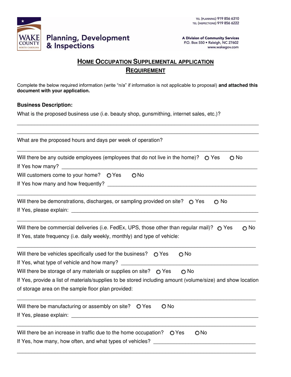 Wake County, North Carolina Home Occupation Supplemental Application ...