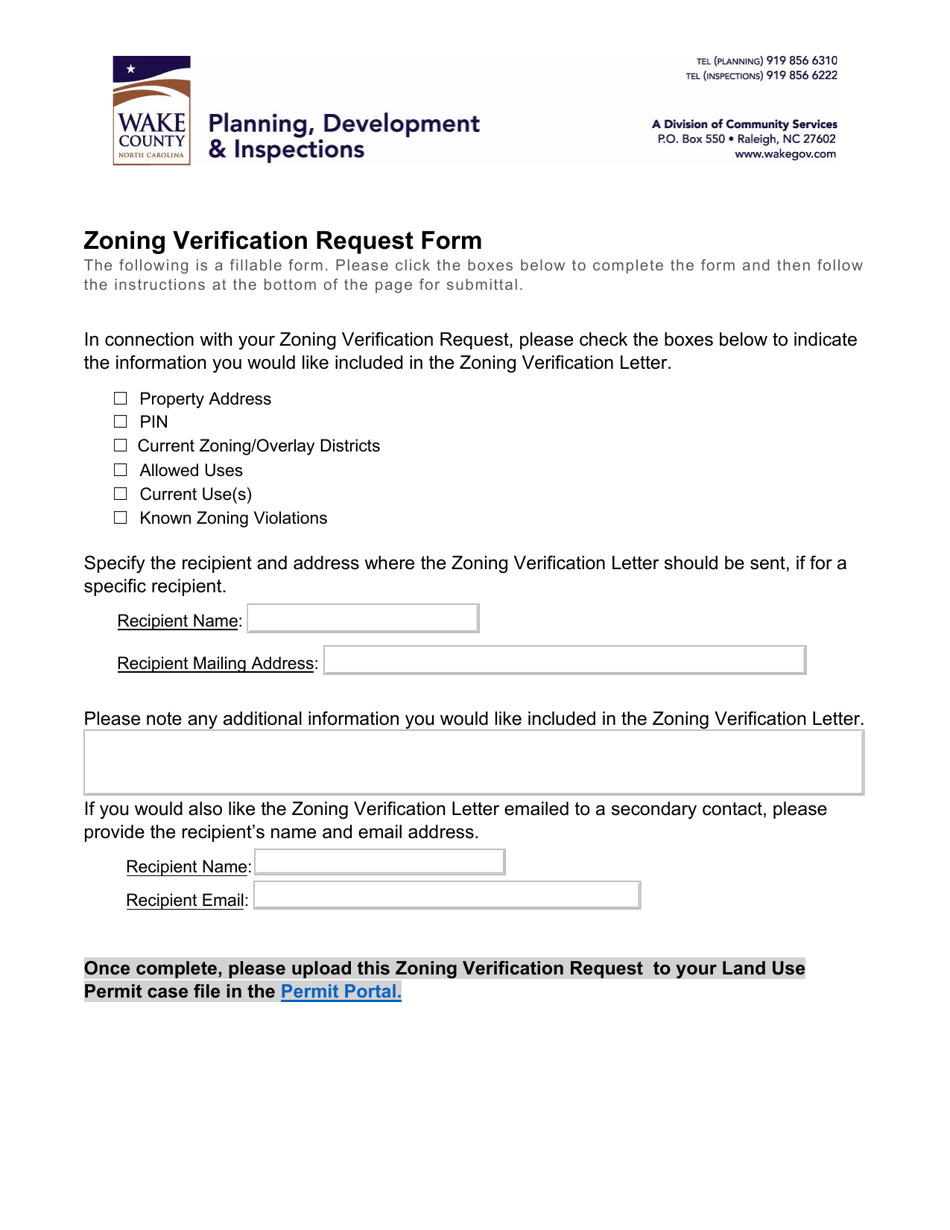 Zoning Verification Request Form - Wake County, North Carolina, Page 1