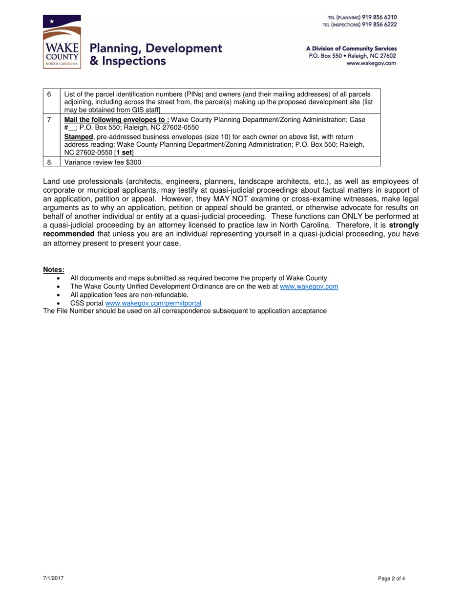Variance Supplemental Information - Wake County, North Carolina, Page 2