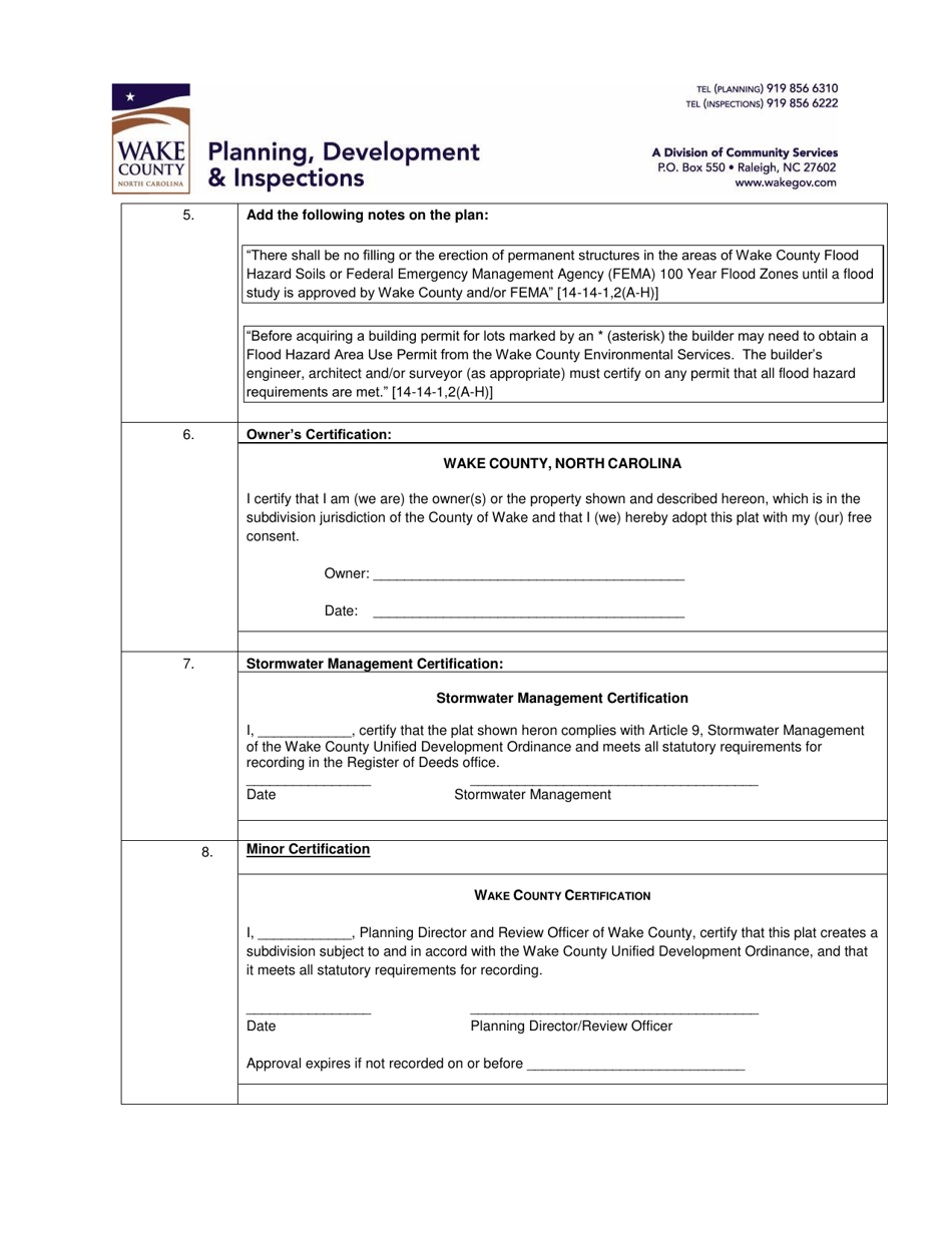 Minor and Minor-Limited Subdivision Checklist - Wake County, North Carolina, Page 2