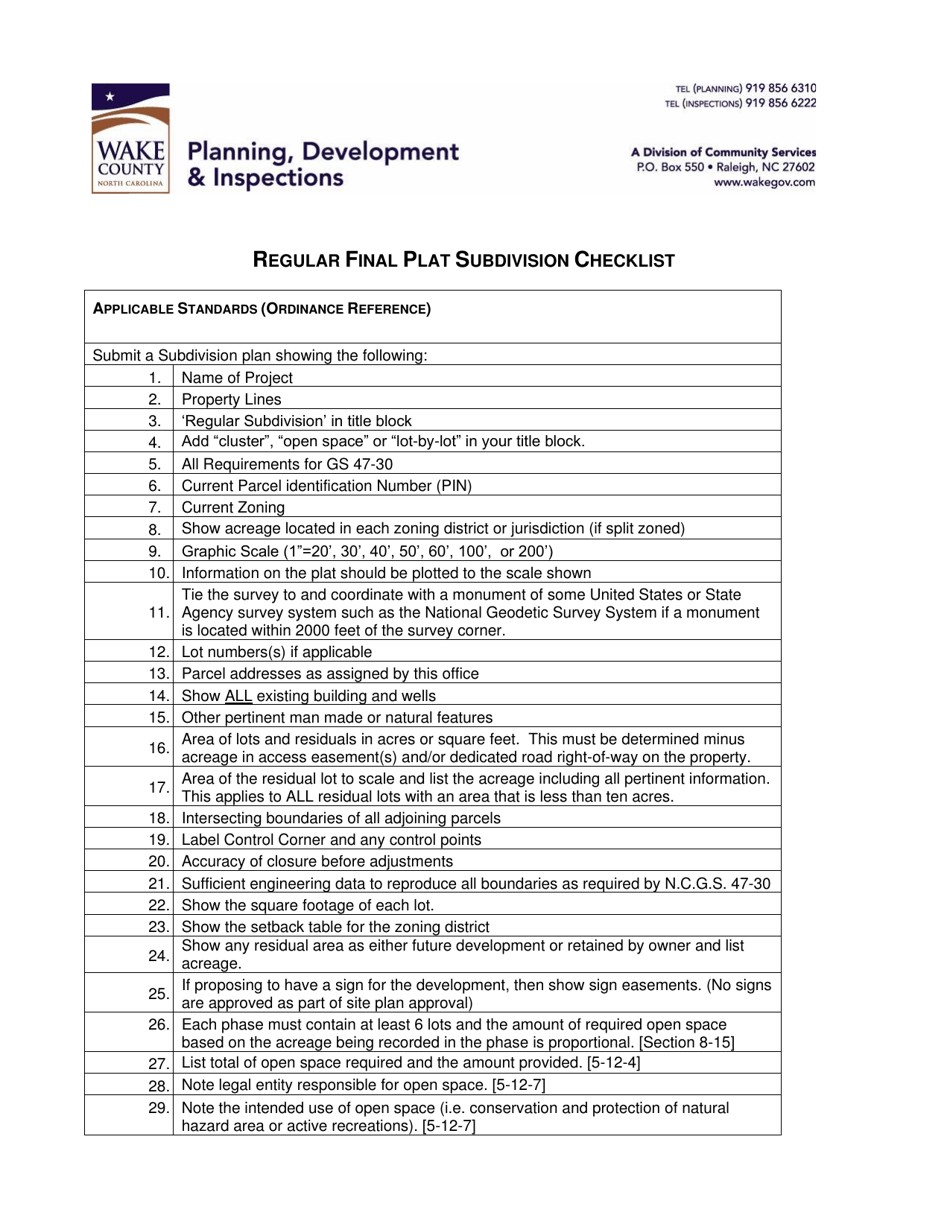 Regular Final Plat Subdivision Checklist - Wake County, North Carolina, Page 1