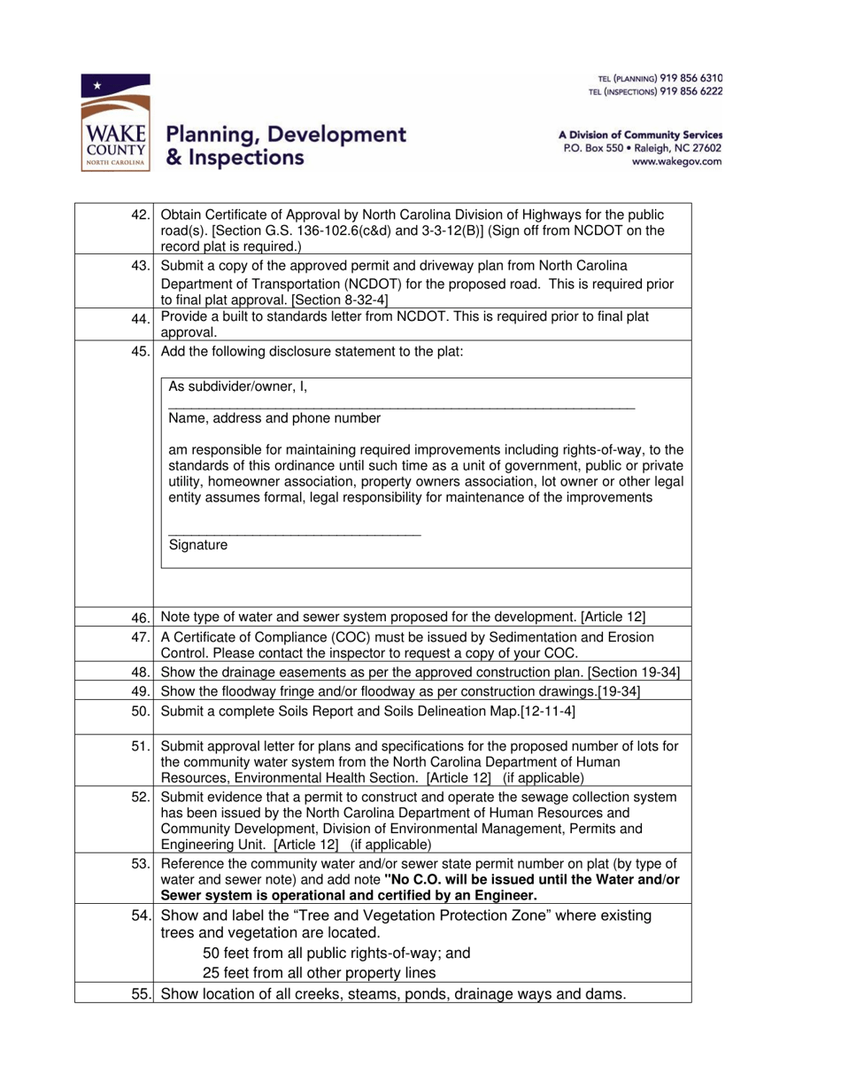 Regular Final Plat Subdivision Checklist - Wake County, North Carolina, Page 3