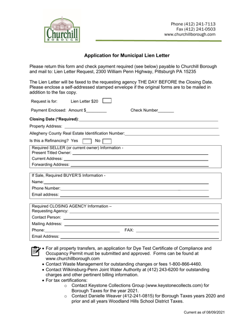 Application for Municipal Lien Letter - Borough of Churchill, Pennsylvania Download Pdf