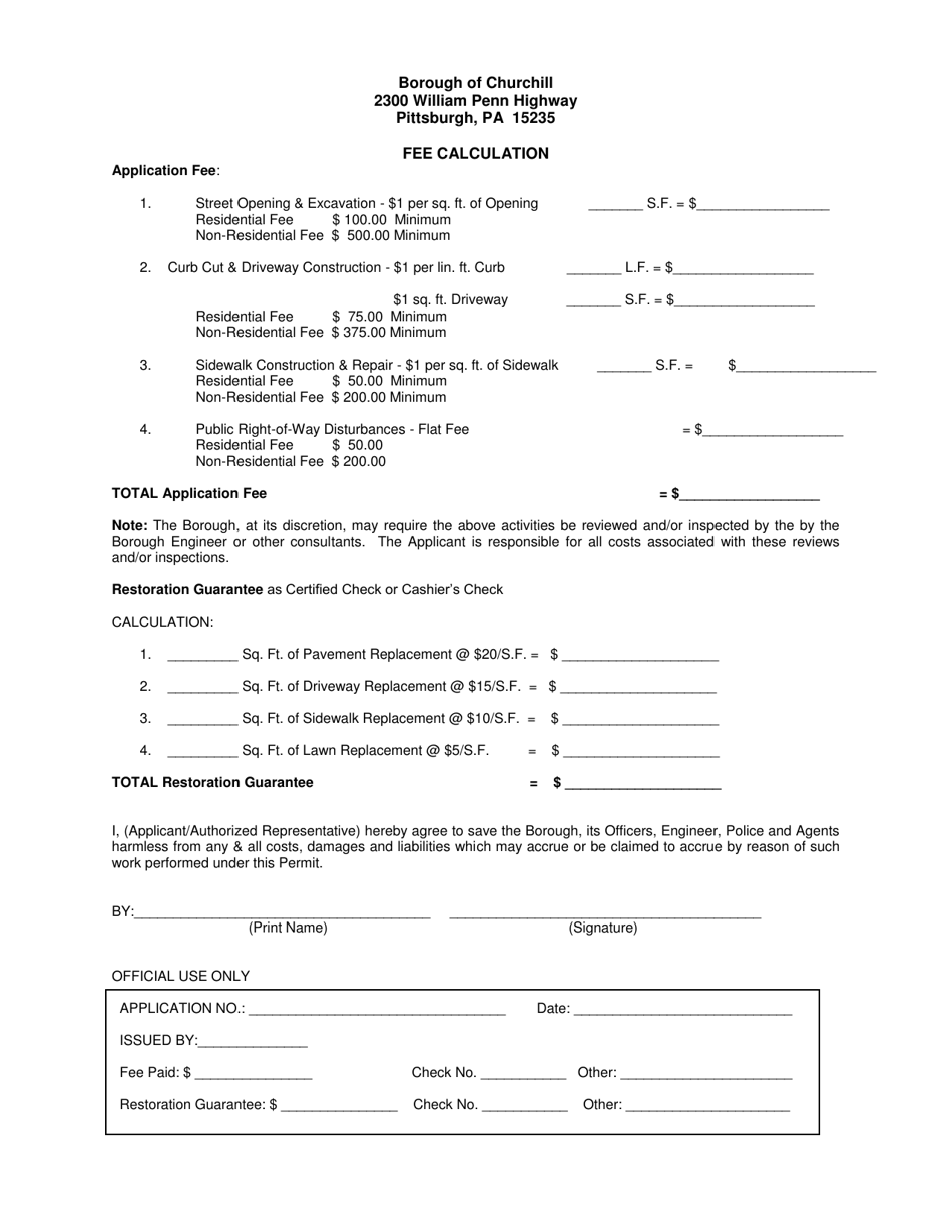 Street Opening Permit Application - Borough of Churchill, Pennsylvania, Page 2