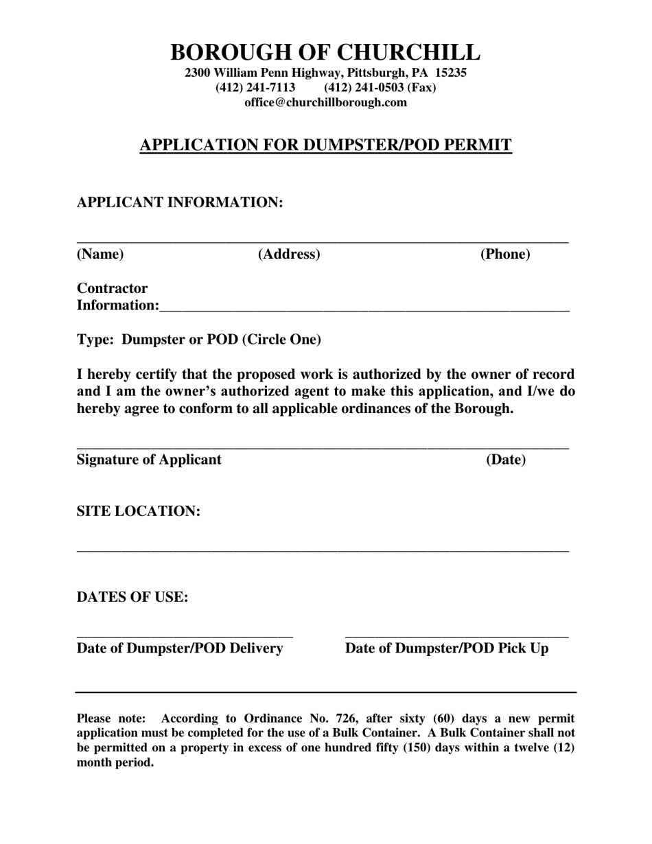 Application for Dumpster / Pod Permit - Borough of Churchill, Pennsylvania, Page 1