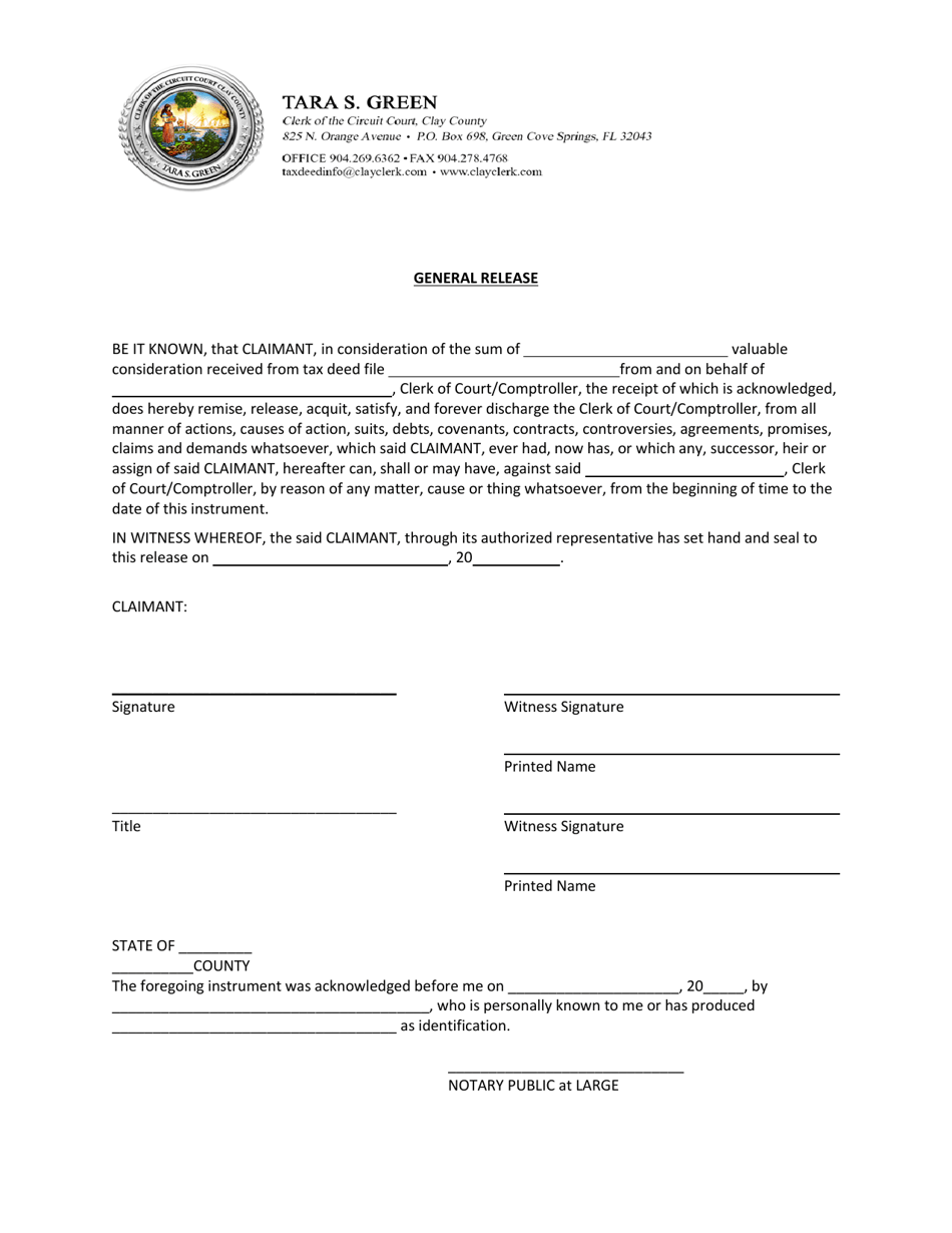 Clay County, Florida General Release Download Fillable PDF Templateroller