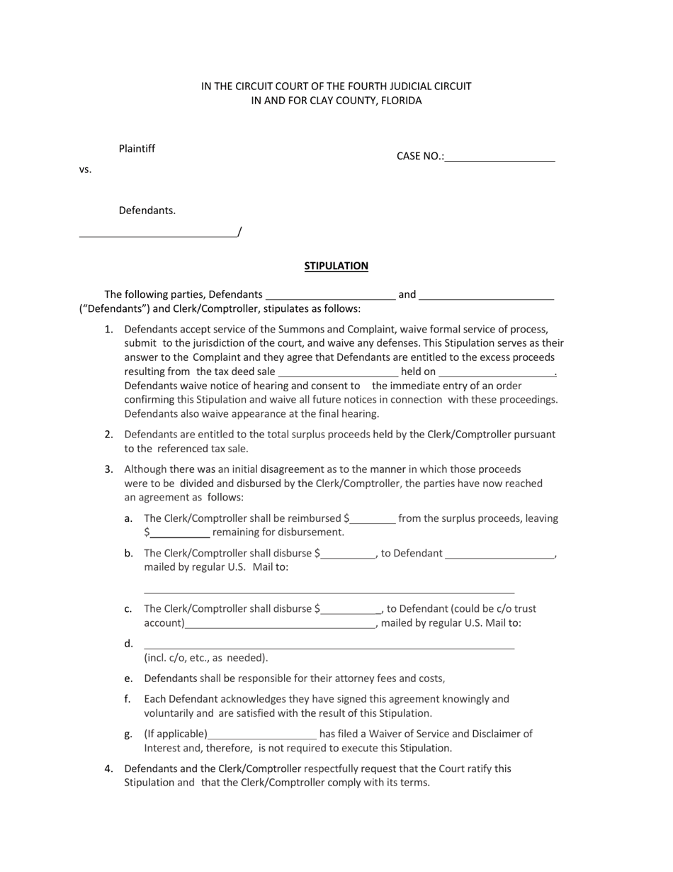 Clay County, Florida Stipulation (Defendants) Download Fillable PDF ...