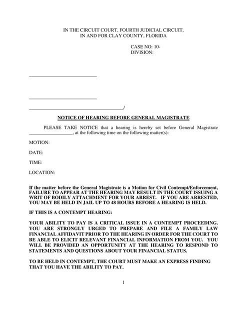 Notice of Hearing Before General Magistrate - Clay County, Florida Download Pdf