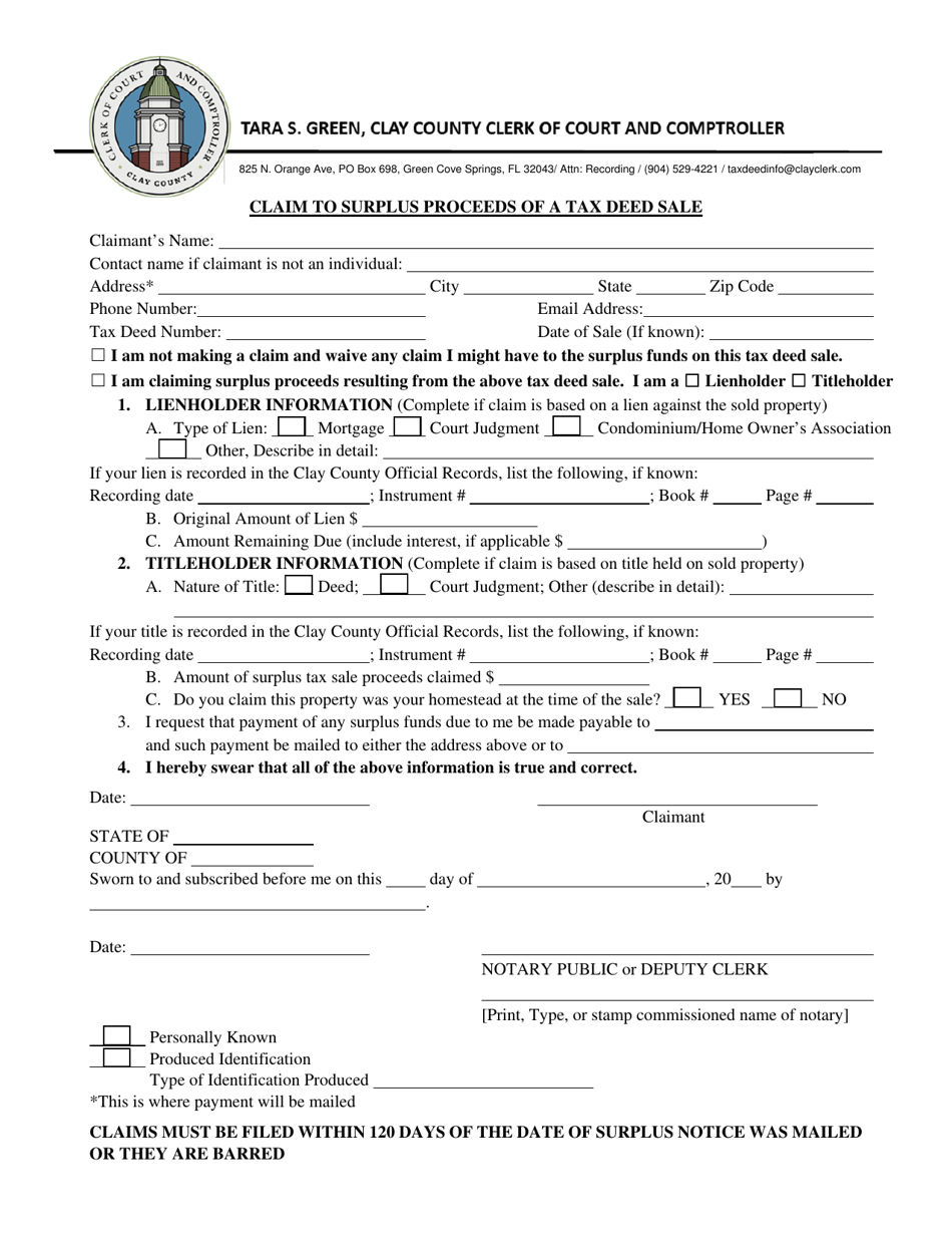 Clay County, Florida Claim to Surplus Proceeds of a Tax Deed Sale