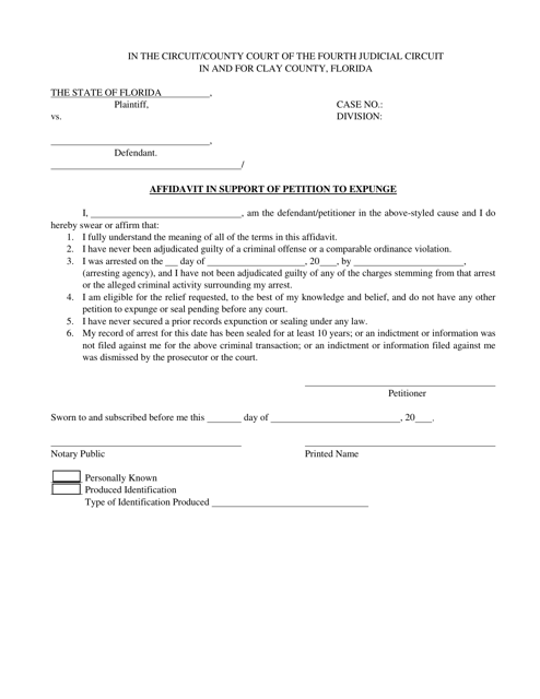 Affidavit in Support of Petition to Expunge - Clay County, Florida Download Pdf
