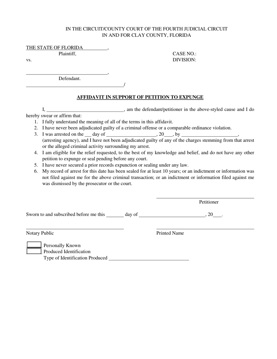 Affidavit in Support of Petition to Expunge - Clay County, Florida, Page 1