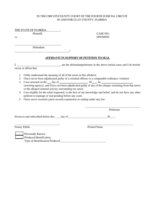 Affidavit in Support of Petition to Seal - Clay County, Florida Download Pdf