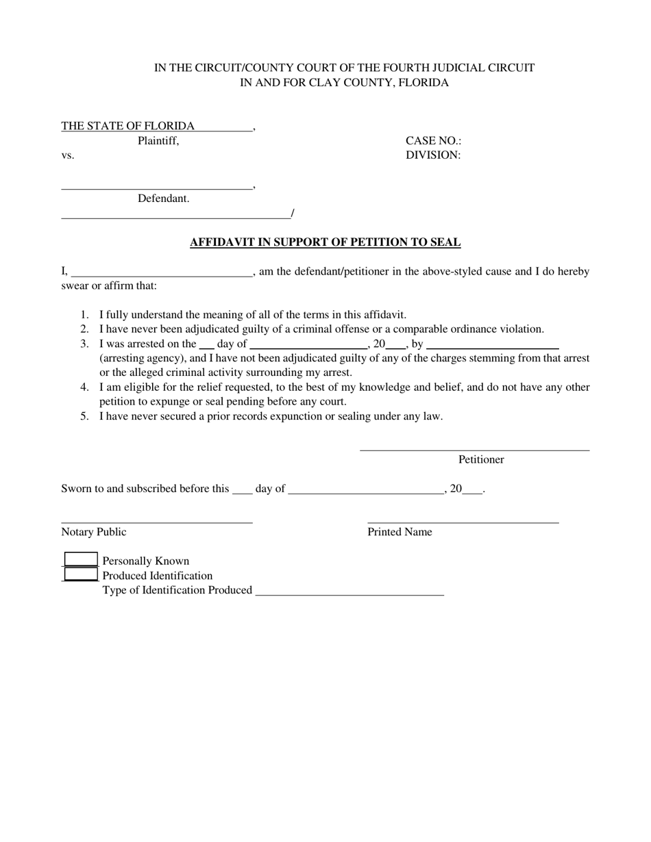 Affidavit in Support of Petition to Seal - Clay County, Florida, Page 1