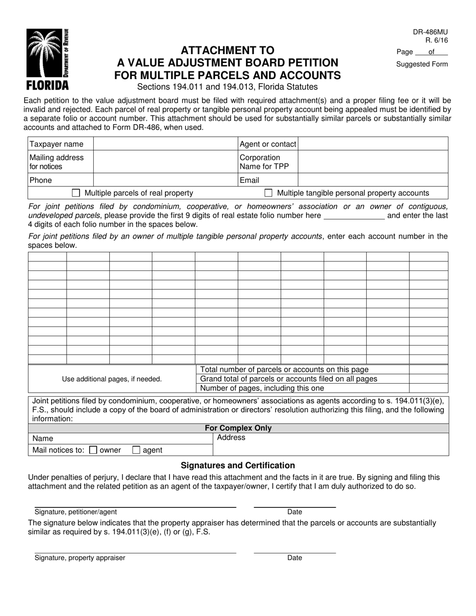 Form DR-486MU Attachment to a Value Adjustment Board Petition for Multiple Parcels and Accounts - Florida, Page 1