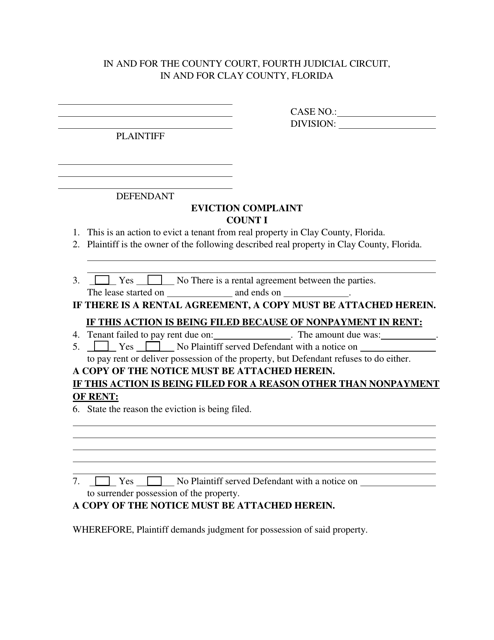Eviction Complaint - Clay County, Florida Download Pdf