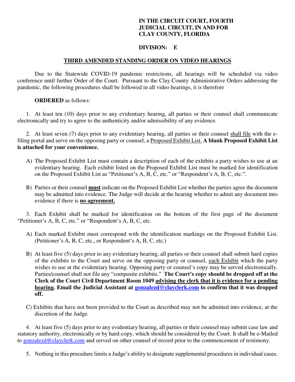 Third Amended Standing Order on Video Hearings - Judge Cox - Clay County, Florida, Page 1