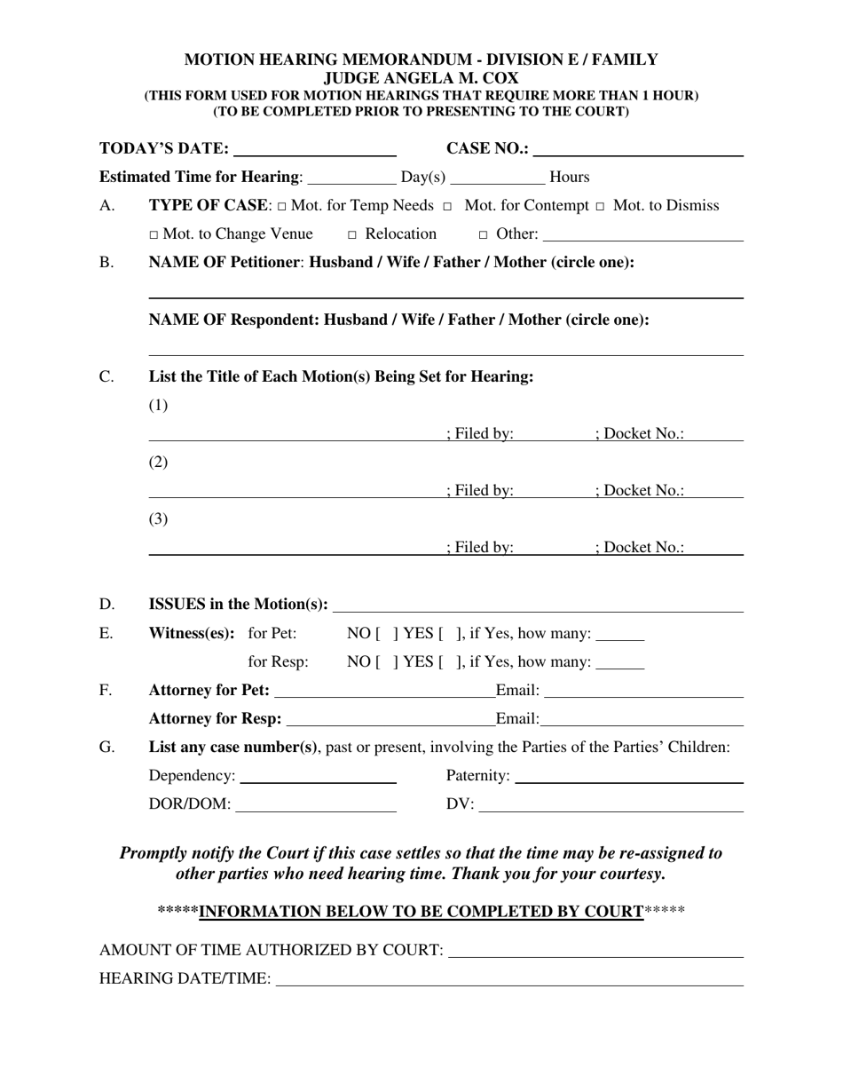 Clay County, Florida Motion Hearing Memorandum Family Judge Cox
