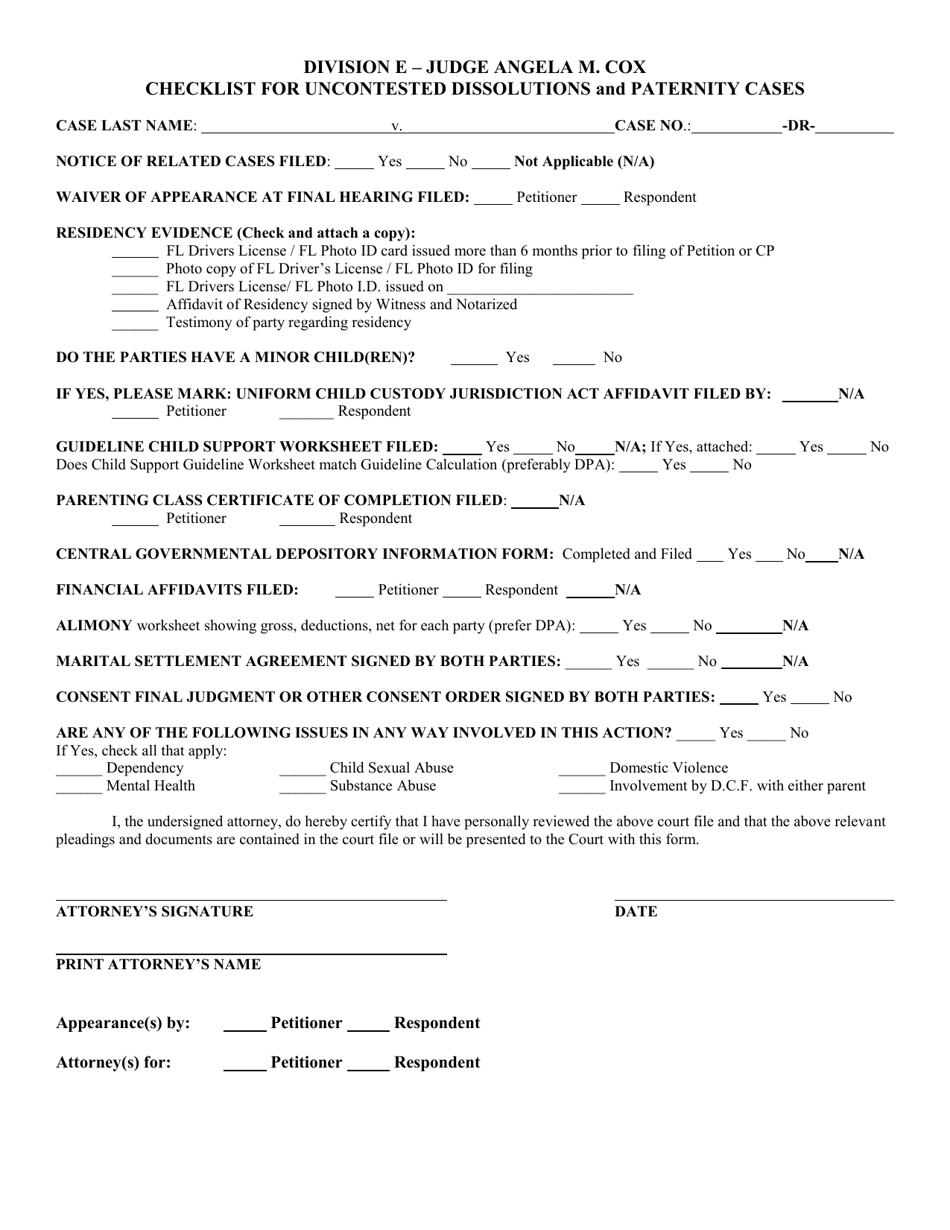 Checklist for Uncontested Dissolutions and Paternity Cases - Judge Cox - Clay County, Florida, Page 1