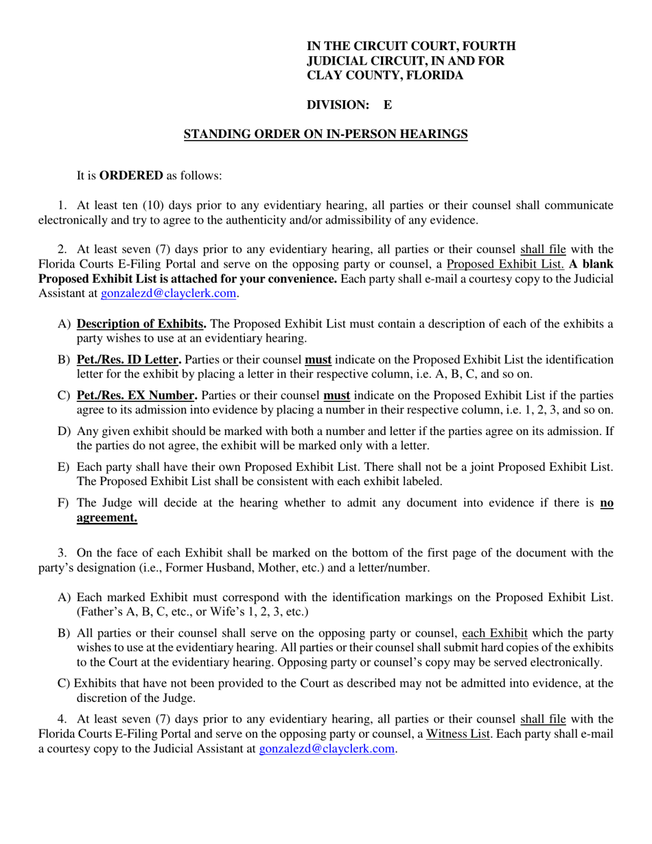 Standing Order on in-Person Hearings - Judge Cox - Clay County, Florida, Page 1
