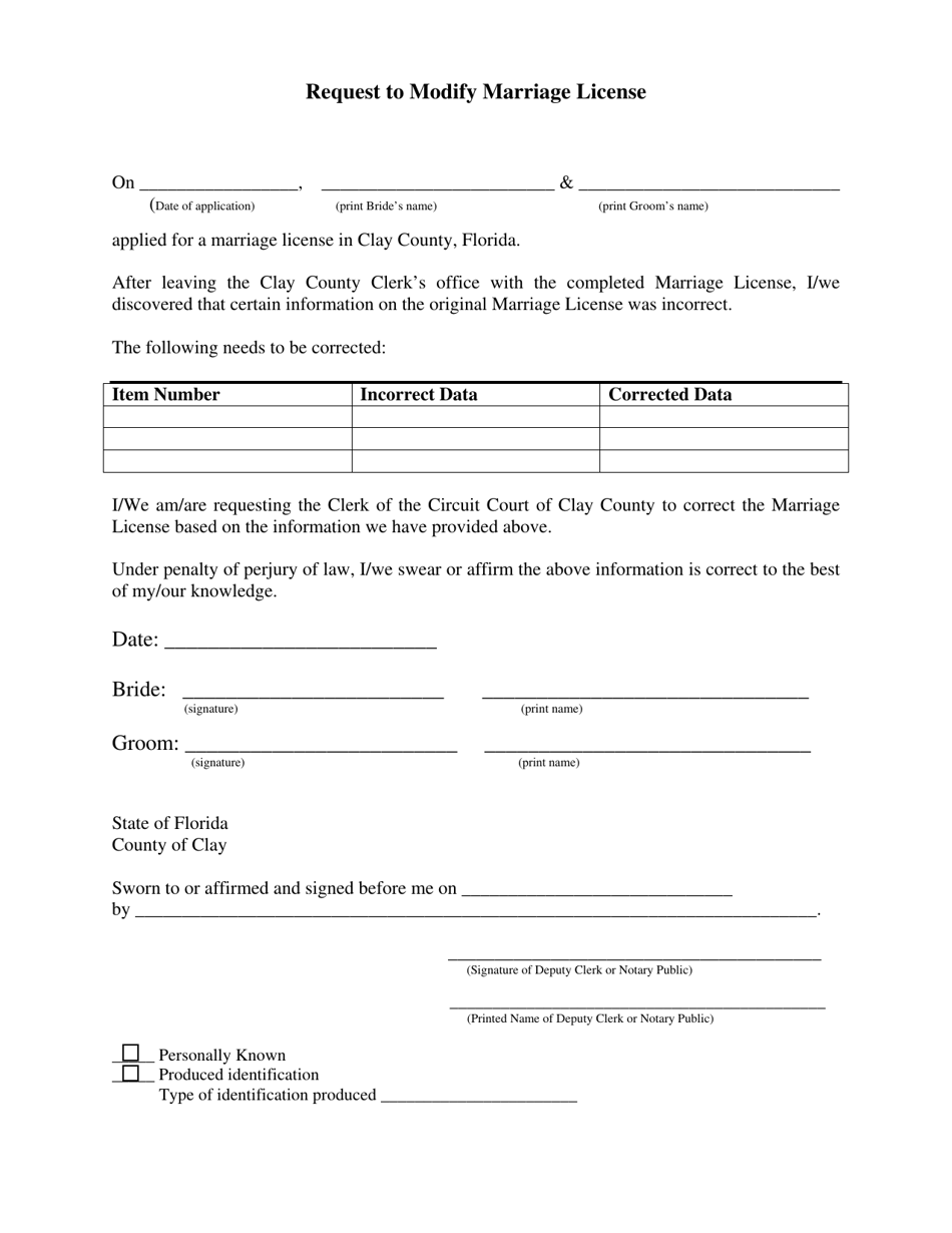 Request to Modify Marriage License - Clay County, Florida, Page 1