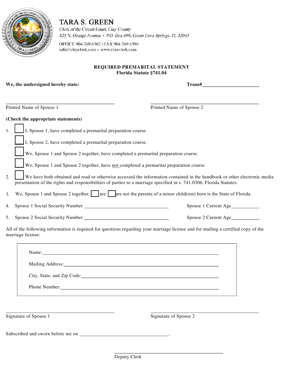 Clay County, Florida Required Premarital Statement Download Fillable