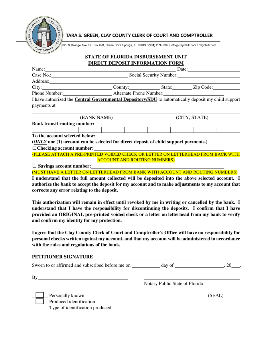 Direct Deposit Information Form - Clay County, Florida, Page 1
