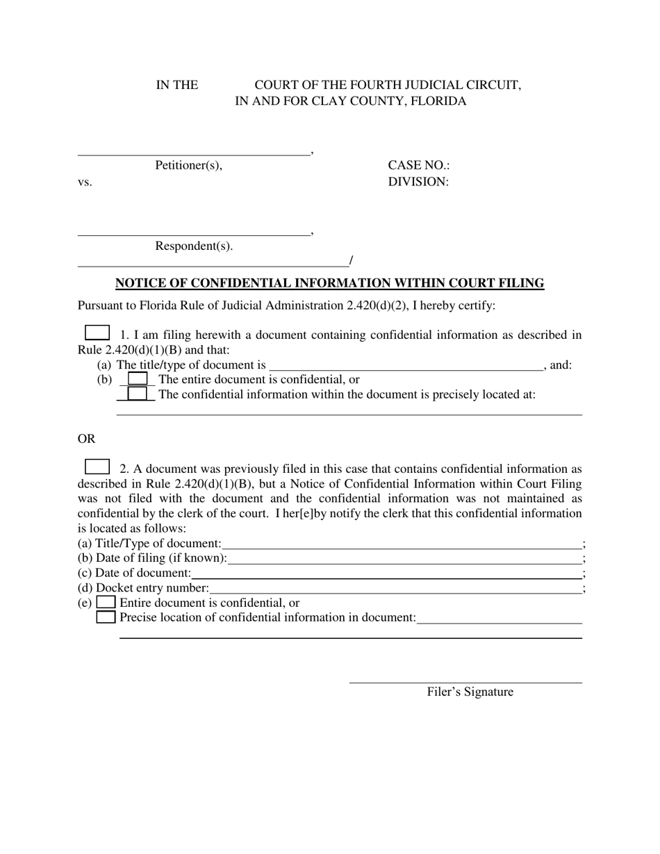 Notice of Confidential Information Within Court Filing - Clay County, Florida, Page 1