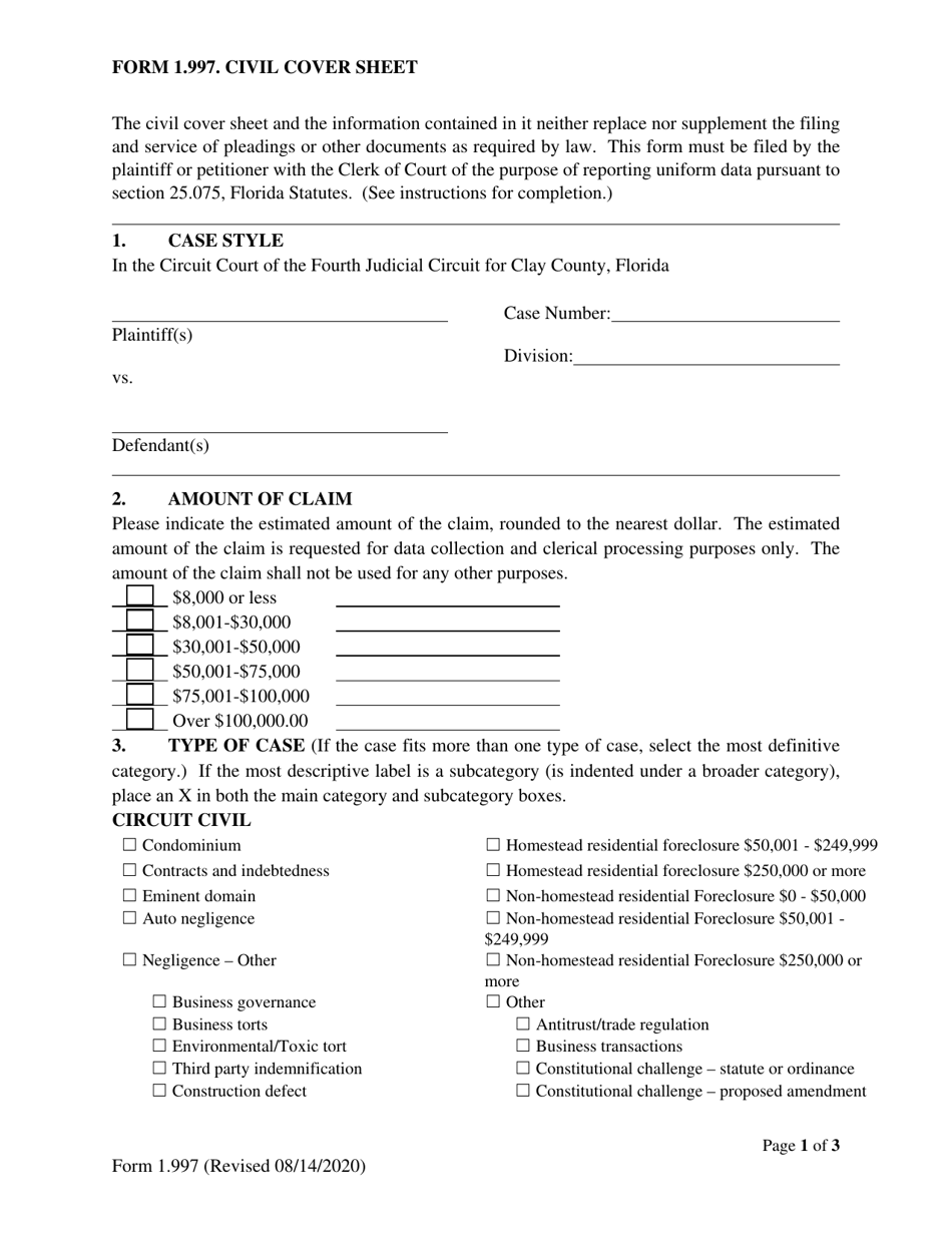 Form 1.997 Civil Cover Sheet - Clay County, Florida, Page 1