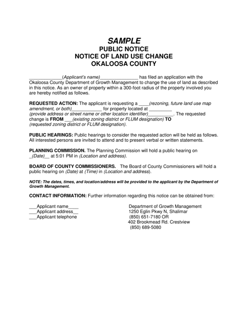 Sample Notice of Land Use Change - Okaloosa County, Florida Download Pdf
