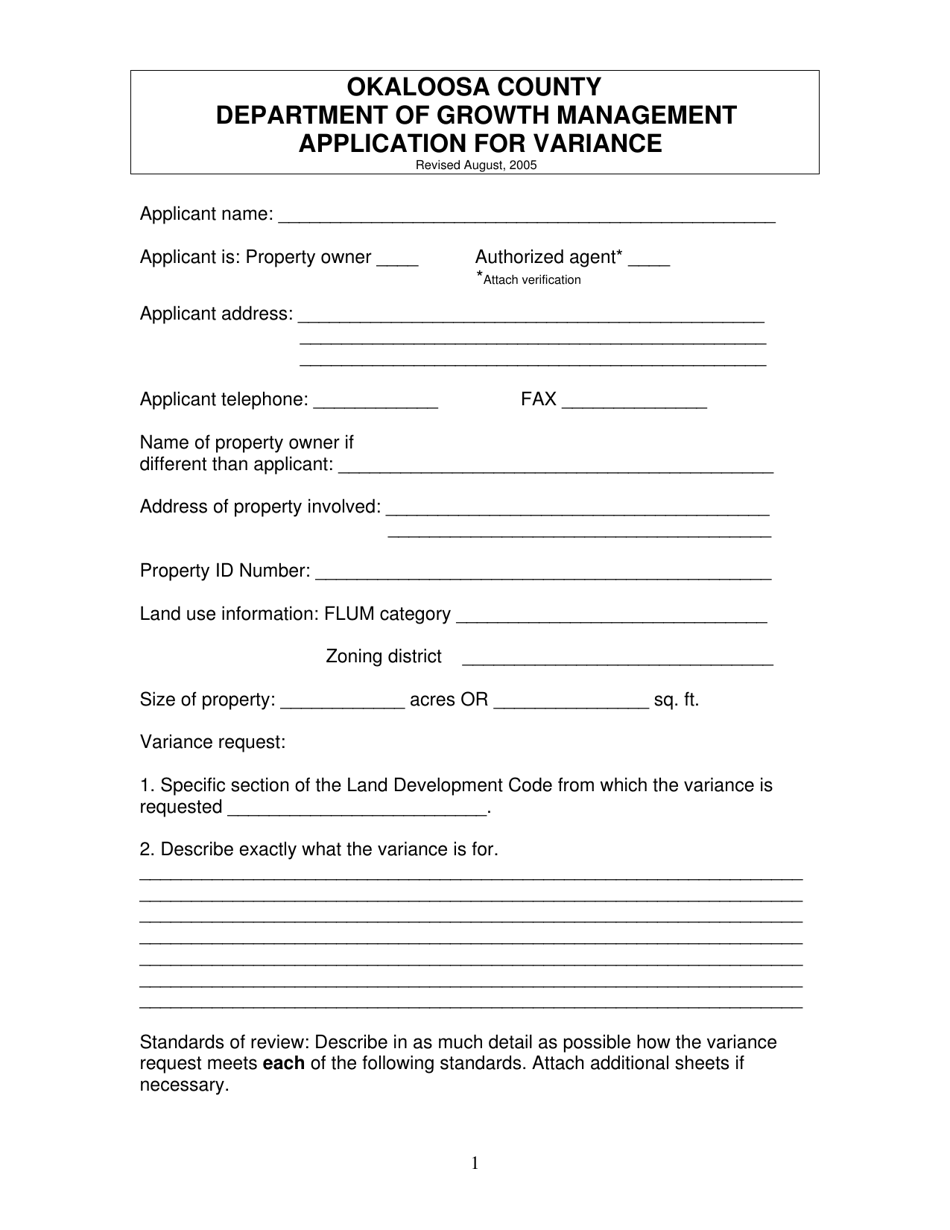 Application for Variance - Okaloosa County, Florida, Page 1