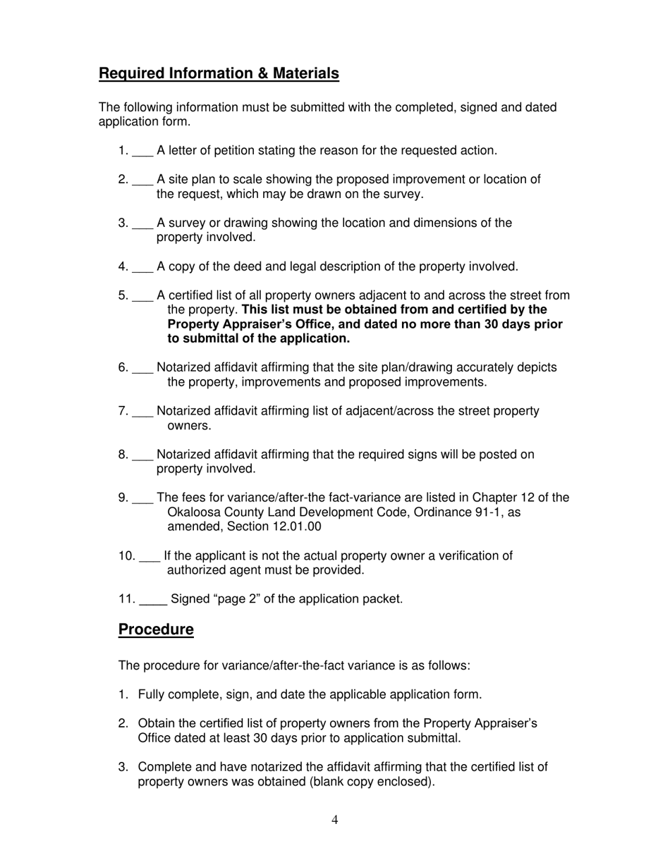 Application for Variance - Okaloosa County, Florida, Page 4