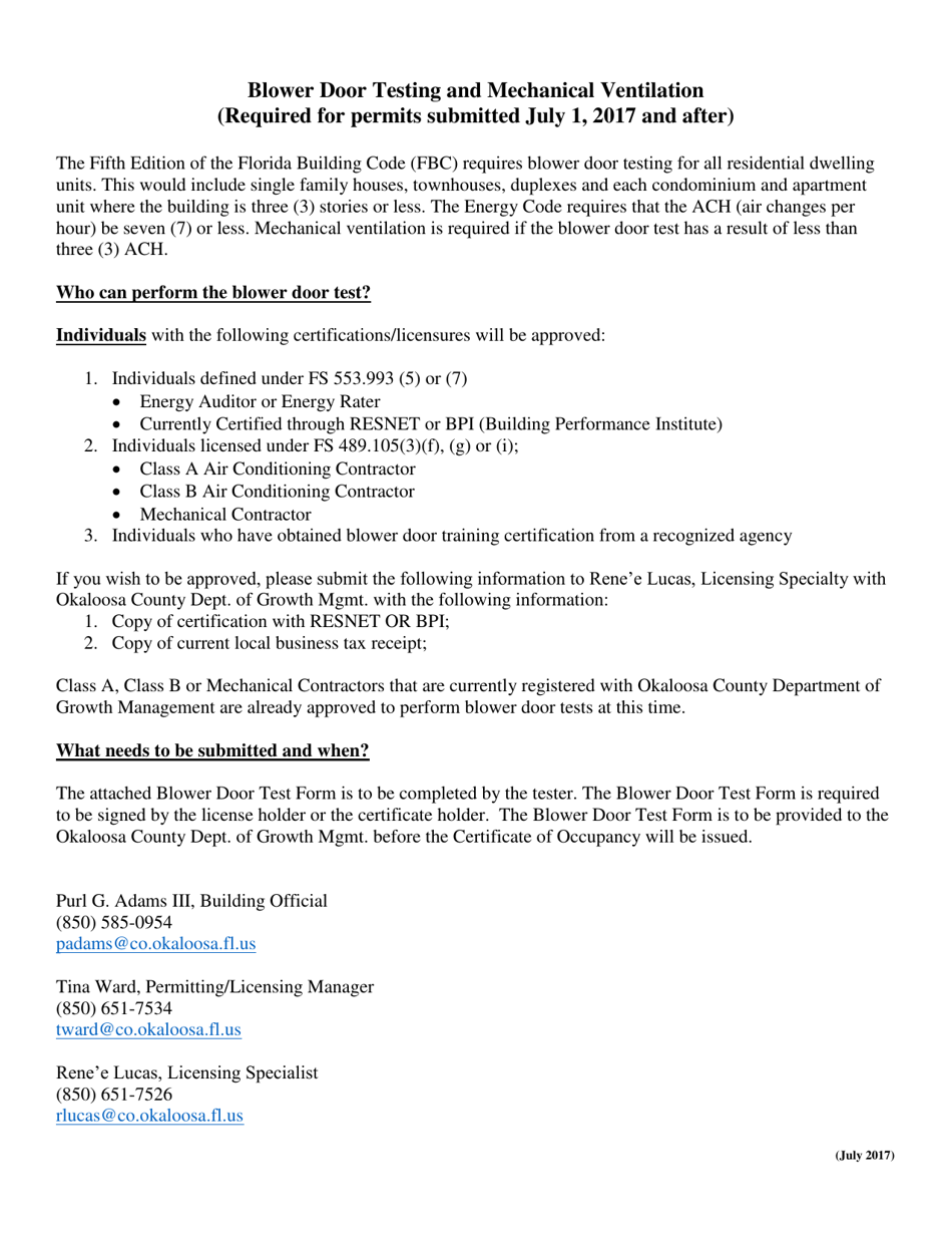Blower Door Test Form - Okaloosa County, Florida, Page 2