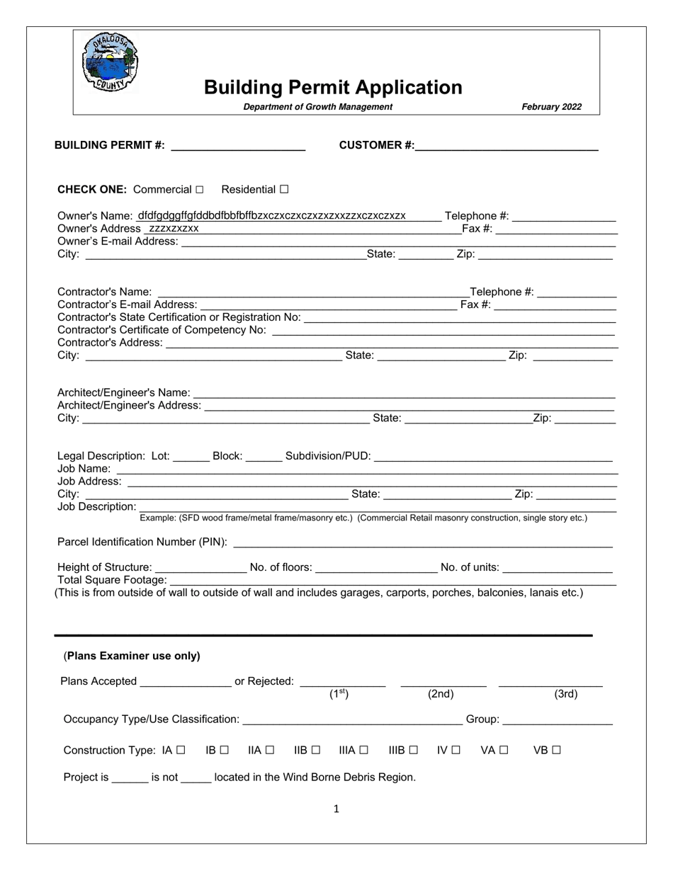 Building Permit Application - Okaloosa County, Florida, Page 1