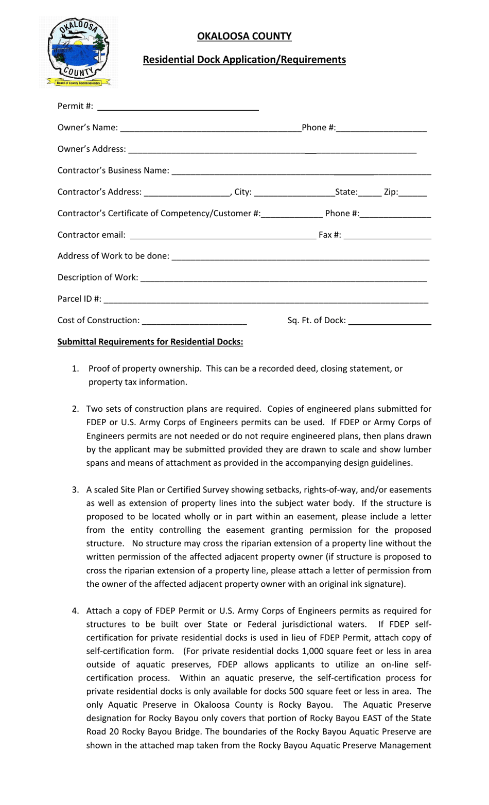 Form 12-0710 Residential Dock Application / Requirements - Okaloosa County, Florida, Page 1