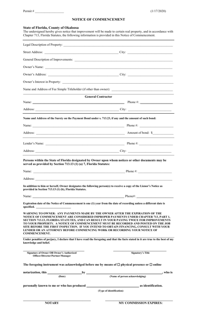 Notice of Commencement - Okaloosa County, Florida Download Pdf