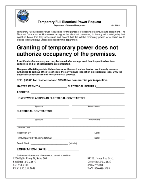 Temporary / Full Electrical Power Request - Okaloosa County, Florida Download Pdf