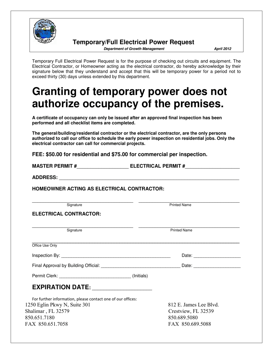 Okaloosa County, Florida Temporary/Full Electrical Power Request Fill